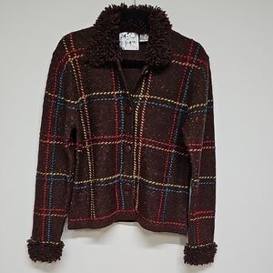 Vtg 90s Michael Simon Brown Plaid Shag Cardi Sweater Colored Embroidery Sz LARGE